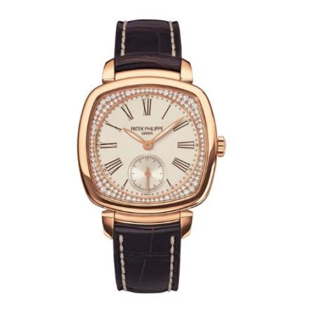 Patek Philippe Gondolo 7041R-001 in rose gold with diamond-set bezel and silvery grained dial.