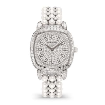 Front view of the Patek Philippe Gondolo 7042/100G-010 in white gold with a diamond-set case and Akoya pearls.