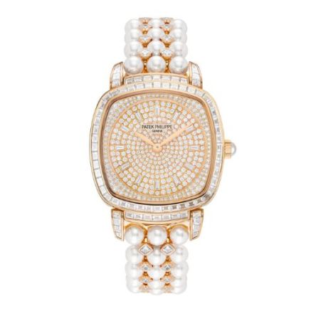 Patek Philippe Gondolo 7042/100R-010 in rose gold, showcasing diamond pavé dial and Akoya pearl bracelet.