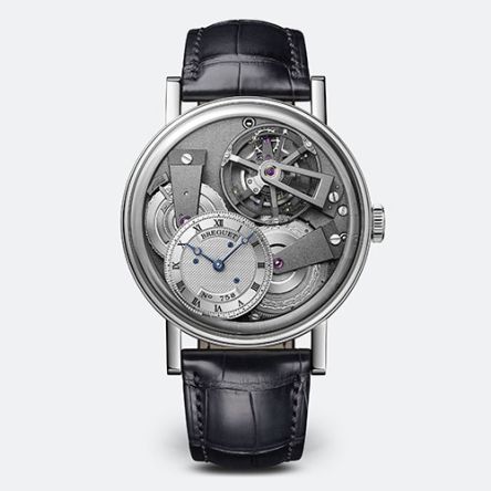 Breguet Tradition 7047PT/11/9ZU platinum watch with open-worked dial, tourbillon, and minute repeater