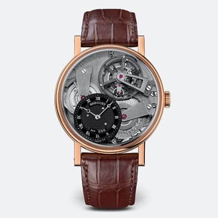 Breguet Tradition 7047BR/G9/9ZU in 18K rose gold with black dial, tourbillon, and fusée-chain transmission