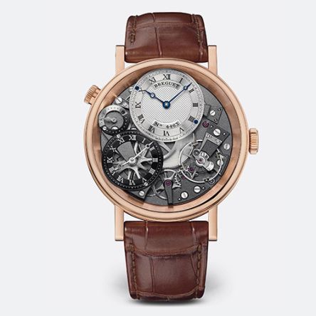 Breguet Tradition 7067 in rose gold featuring dual time zones, off-centred dial, and exposed movement.