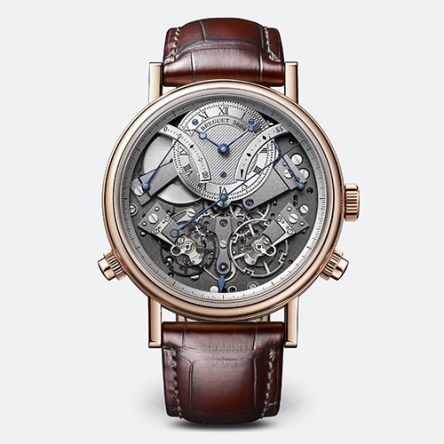 Breguet Tradition 7077BR/G1/9XV rose gold front showing open-worked skeleton dial and retrograde seconds arc.