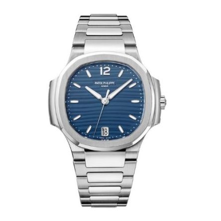 Patek Philippe Nautilus Ref. 7118/1A-001 in stainless steel with blue opaline wave-pattern dial.