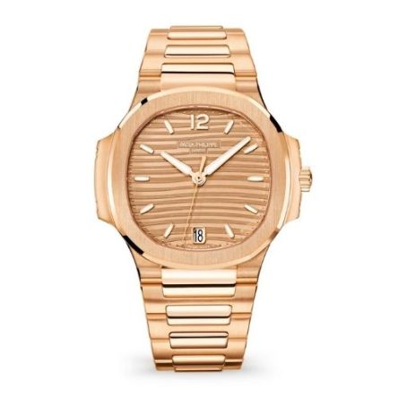 Patek Philippe Nautilus 7118/1R-010 rose gold watch with a 35.2mm case, golden opaline dial, and rose gold bracelet.
