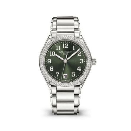 Patek Philippe Ref. 7300-1200A-011 ladies' watch in stainless steel, featuring a diamond-set bezel, blue sunburst dial, and self-winding movement.