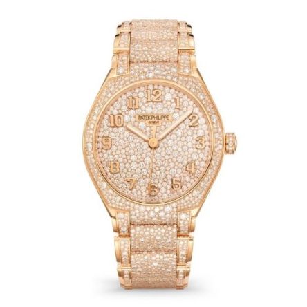 Patek Philippe 7300/1450R-001 in rose gold with full diamond pavé dial and case on matching bracelet.