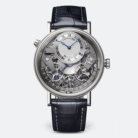 Breguet Tradition Quantième Rétrograde Ref. 7597 watch in white gold with blue dial and exposed mechanical movement
