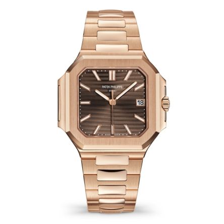 Patek Philippe 7128/1R-001 in rose gold with silvery grained dial and gold bracelet.