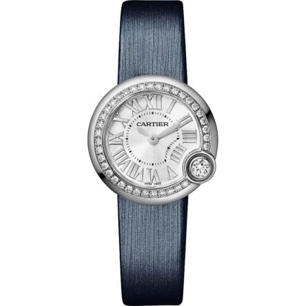 Ballon Blanc de Cartier Ref. W4BL0002 with silver dial, 0.56 ct diamond, blued-steel hands, and quartz movement.
