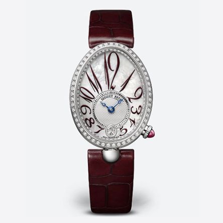 Breguet Reine de Naples 8918 in white gold, featuring an oval-shaped case, mother-of-pearl dial, Arabic numerals, and diamond-set bezel.