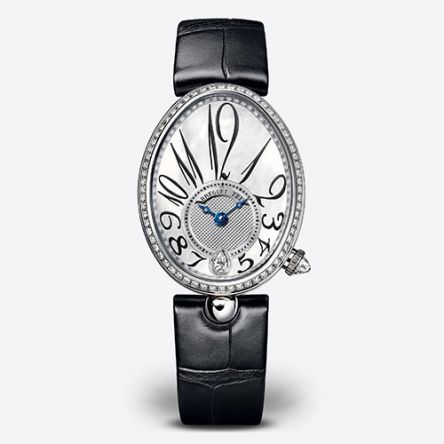Breguet Reine de Naples 8918BB/28/964/D00D white gold ladies’ watch with white mother-of-pearl dial, Arabic numerals, and black leather strap.