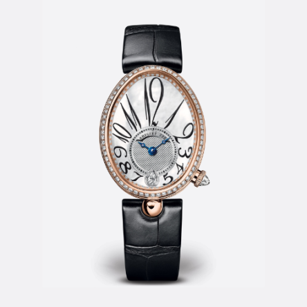 Breguet Reine de Naples 8918 in rose gold with diamond-set bezel and mother-of-pearl dial.