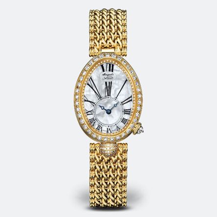 Breguet Reine de Naples 8928BA/51/J20/DD00, featuring a luxurious yellow gold case, diamond-set bezel, and mother-of-pearl dial with Arabic numerals,