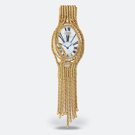 Breguet Reine de Naples 8928 Ref. 8928BA/51/J60/DD0D watch in yellow gold with an oval case and intricate bracelet strap.