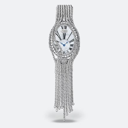 Breguet Reine de Naples 8928 Ref. 8928BB/51/J60/DD0D watch in white gold with an oval case, mother-of-pearl dial, and diamond-set bezel, 