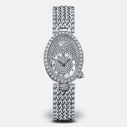 Breguet Reine de Naples 8928 in white gold with a matching bracelet strap, featuring a diamond-set mother-of-pearl dial and signature oval case.