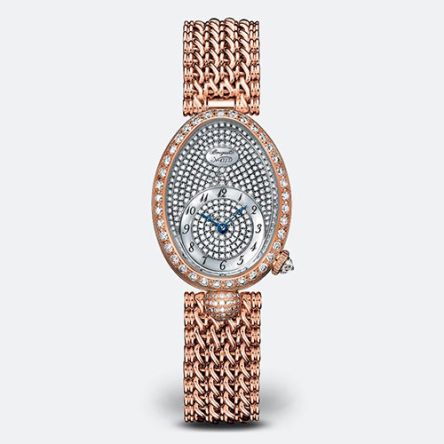 Breguet Reine de Naples 8928BR/8D/J20/DD0D in rose gold with a sculpted gold bracelet, featuring an oval case and diamond-set mother-of-pearl dial