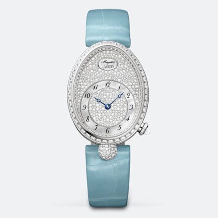 Breguet Reine de Naples 8938BB/8D/964/DD0D white gold ladies’ watch with snow-set diamond dial and diamond bezel.