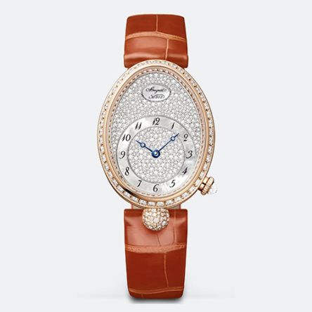 Breguet Reine de Naples 8938BR/8D/964/DD0D rose gold ladies’ watch with snow-set diamond dial and diamond-set bezel.