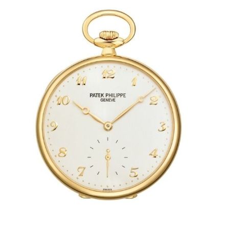 Patek Philippe 973J-001 pocket watch in yellow gold with silvery opaline dial, gold Breguet-style numerals, and a small seconds subdial at 6 o’clock.