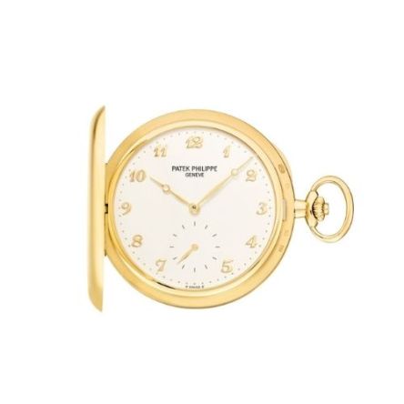 Patek Philippe 980J-011 pocket watch in yellow gold, featuring a white lacquered dial with black Breguet numerals and a small seconds subdial.