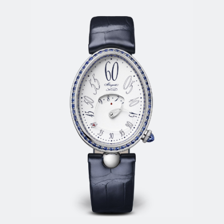 Breguet Reine de Naples 9838 in white gold with snow-set diamond dial and white leather strap.