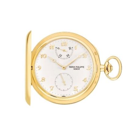 Patek Philippe 983J-001 pocket watch in yellow gold, featuring an elegant white enamel dial with black Breguet numerals and small seconds subdial.