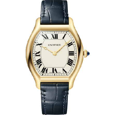 The Cartier Privé Tortue Ref. WGTO0006 features a 41 mm, 18K yellow gold case with a champagne-colored grained dial, black Roman numerals, and golden-finish apple-shaped hands.
