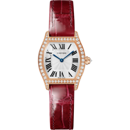 Cartier Tortue Ref. WJTO0008 emphasizing the shiny Bordeaux alligator skin strap and the 18K rose gold folding buckle.