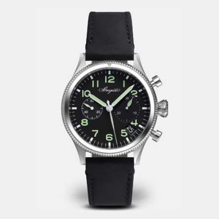 Breguet Type 20 Chronographe 2057 in stainless steel with black dial, flyback chronograph, and brown calfskin leather strap.