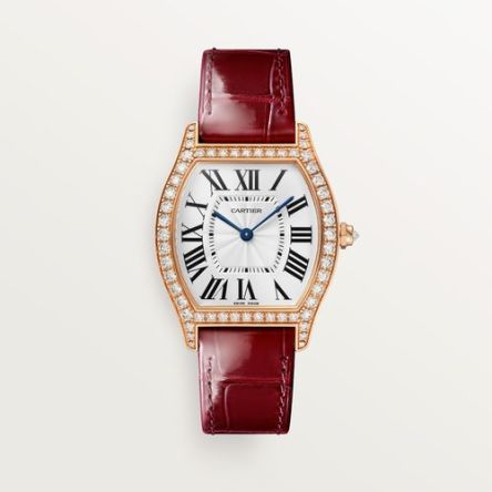 Cartier Tortue Ref. WJTO0009 featuring the shiny Bordeaux alligator leather strap and 18K rose gold ardillon buckle.