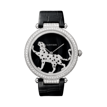 Panthère Jewelry | 42mm, automatic movement, white gold, diamonds, leather