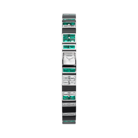 Fine Jewelry | Mini model, hand-wound mechanical movement, white gold, diamonds, emeralds, onyx