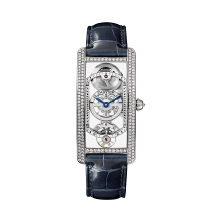 Tank Cintrée Skeleton HPI01123: Large model with hand-wound mechanical movement, platinum case set with 168 diamonds.