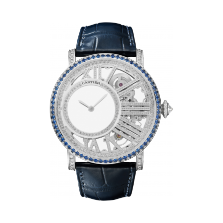 Rotonde de Cartier HPI01337 watch featuring a white gold case, diamond-set bezel, and a black leather strap.