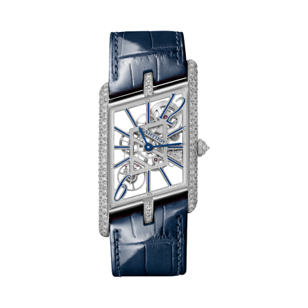Tank Asymétrique Ref. HPI01370  with platinum case, 251 diamond-set brancards, blued-steel hands, and navy blue alligator-skin strap