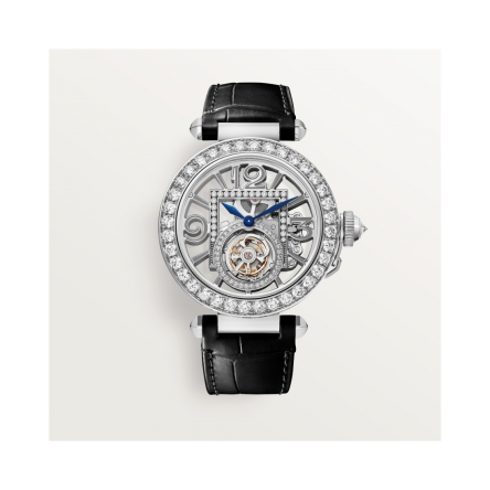 Pasha de Cartier Ref. HPI01435 watch with dark gray alligator-skin strap, rhodiumized 18K white gold case, and fluted crown.