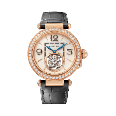Pasha de Cartier Ref. HPI01575 41 mm with a dark gray alligator-skin strap featuring the QuickSwitch interchangeability system.