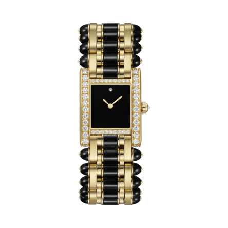 Cartier Tank jewelry watch Ref. HPI01592, yellow gold case with diamond-set bezel and onyx cabochon crown.