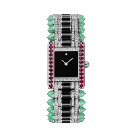 Tank jewelry watch Ref. HPI01595 featuring a white gold case, diamond-set bezel, and ruby accents.