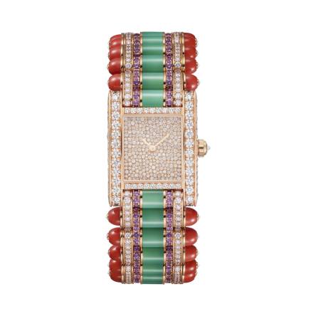 Tank jewelry watch Ref. HPI01596 with rose gold case, diamond-set bezel, and amethyst accents.