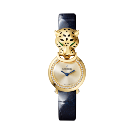 CRHPI01608 | Small model, quartz movement, yellow gold, diamonds, tsavorites, lacquer, leather