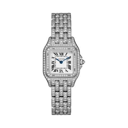 Panthère de Cartier Ref. HPI01643 watch with diamond-set white gold bracelet, diamond crown, and blued-steel hands.
