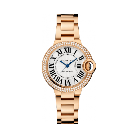 Ballon Bleu de Cartier Ref. WE902064, 33 mm, featuring a rose gold case with diamond-set bezel, on a rose gold bracelet.

