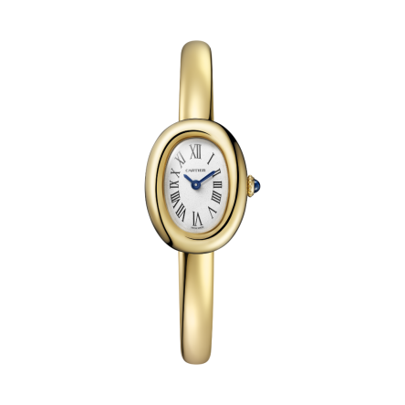 Cartier Baignoire Ref. WGBA0018 mini model with an 18K yellow gold (750/1000) rigid bracelet and beaded crown set with a sapphire cabochon.