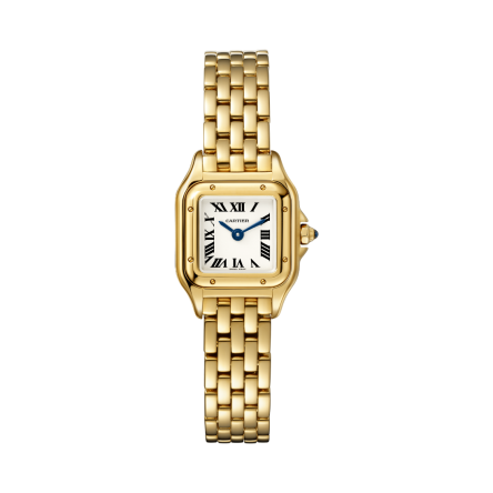 Panthère de Cartier Ref. WGPN0036 watch with yellow gold bracelet, sapphire cabochon crown, and blued-steel hands.
