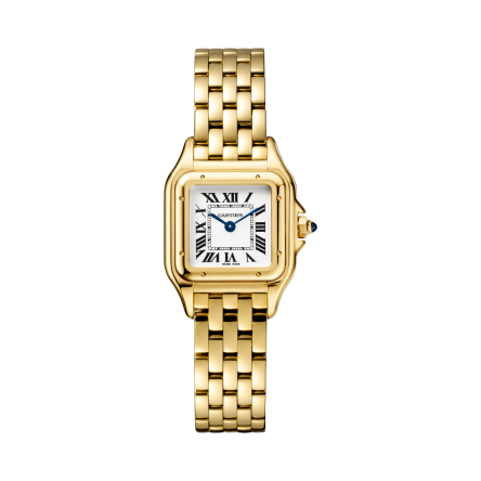 Panthère de Cartier Ref. WGPN0038 with a yellow gold bracelet, small model, quartz movement, and silvered dial.
