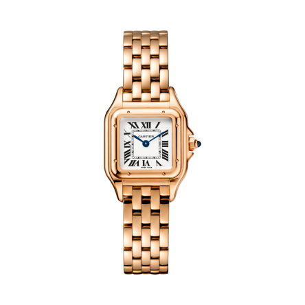 Panthère de Cartier Ref. WGPN0040 watch with rose gold bracelet, blue sapphire crown, and blued-steel hands.