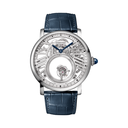 Rotonde de Cartier Mysterious Double Tourbillon Ref. WHRO0039, 45 mm, featuring a platinum case with a black leather strap.